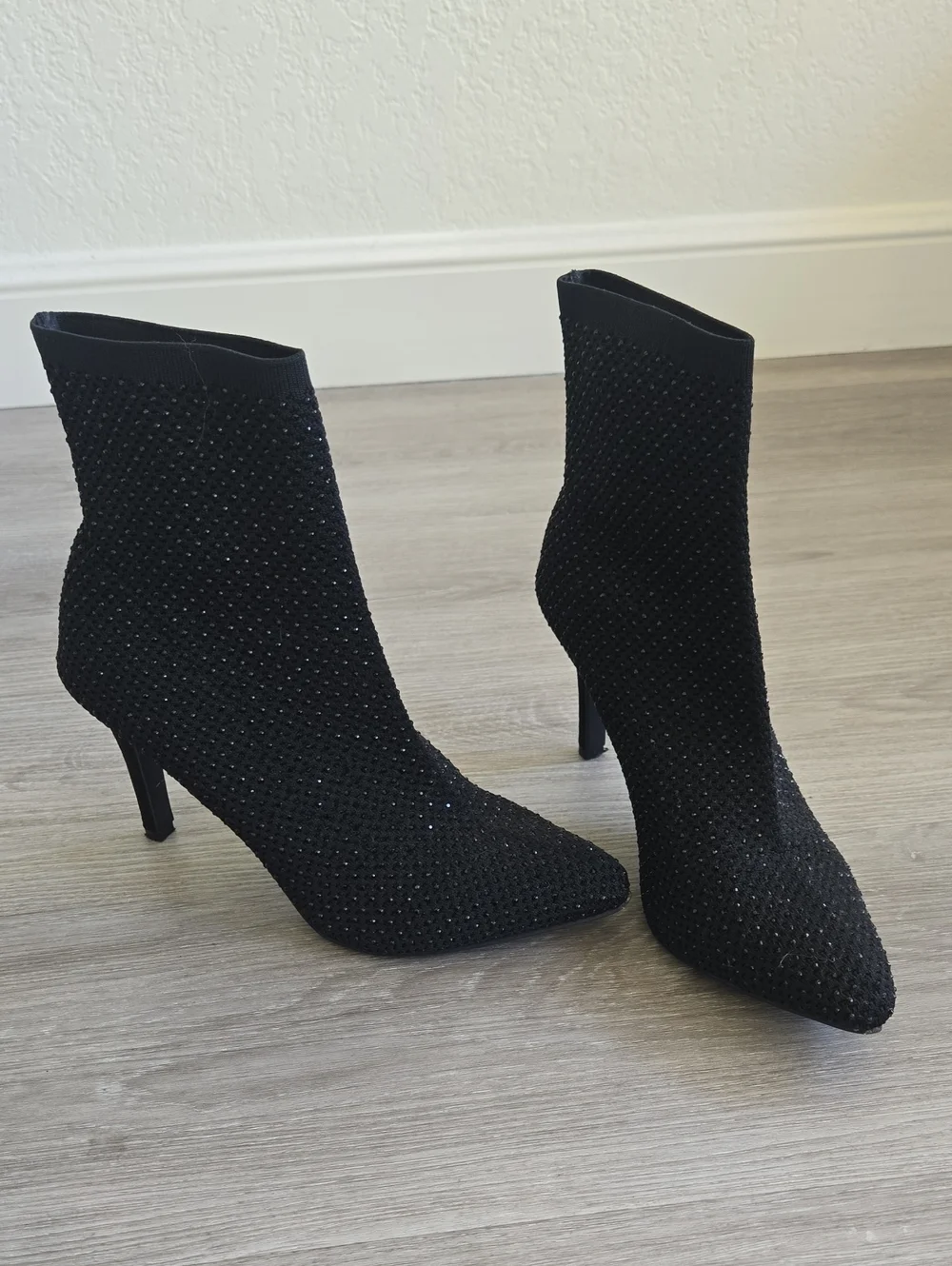 Black Rhinestone Knit Sock Booties - Women's Heeled Ankle Boots